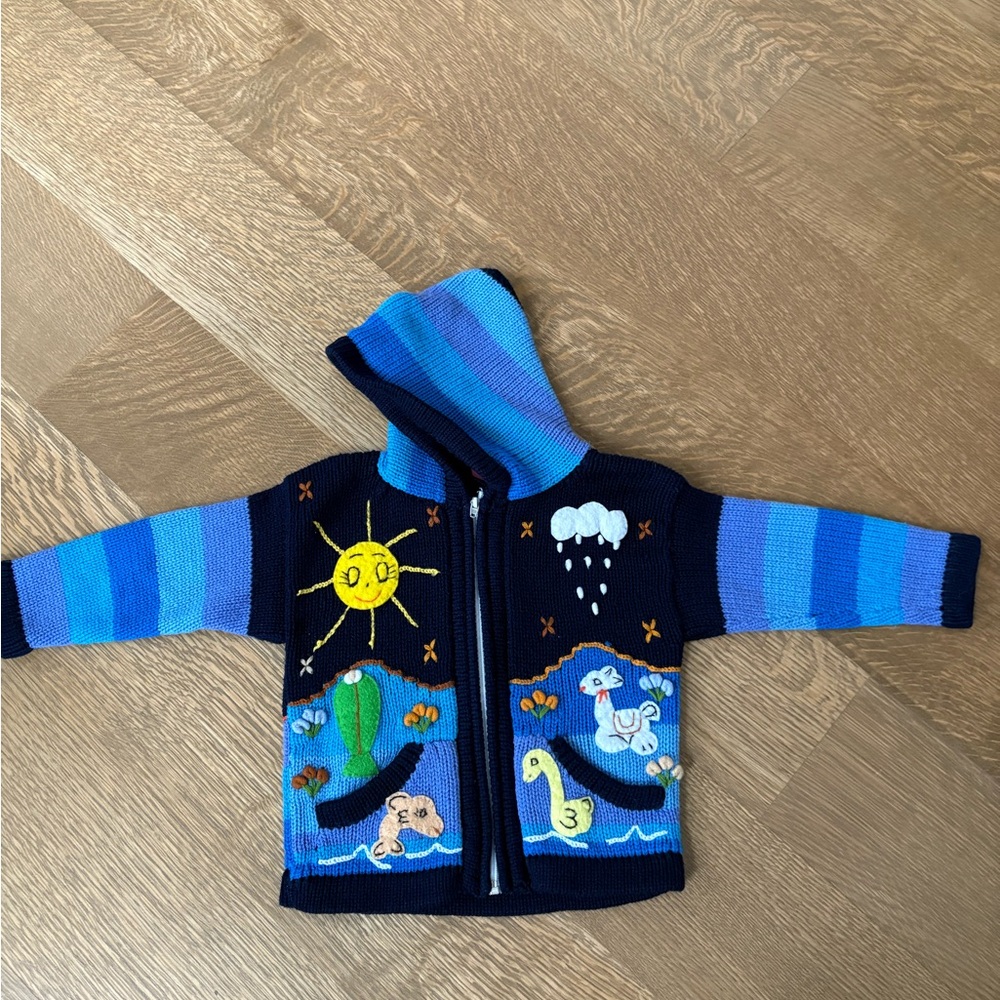 Handmade Children's Knit Hoodie 100% Cotton Sweater from Peru Size 4T Girls Boys